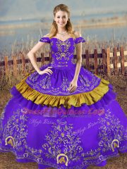 Dazzling Purple Ball Gowns Embroidery Quince Ball Gowns Lace Up Satin and Organza Sleeveless Floor Length