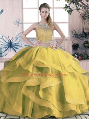 Floor Length Lace Up Ball Gown Prom Dress Olive Green for Sweet 16 and Quinceanera with Beading and Ruffles
