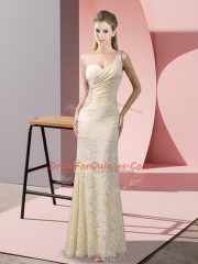 Champagne Lace Criss Cross One Shoulder Sleeveless Floor Length Evening Dress Beading and Lace