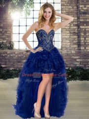 Sophisticated Beading and Ruffles Evening Dress Navy Blue Lace Up Sleeveless High Low