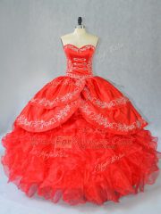 Sweetheart Sleeveless 15th Birthday Dress Floor Length Embroidery and Ruffles Red Organza