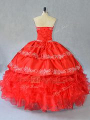 Sweetheart Sleeveless 15th Birthday Dress Floor Length Embroidery and Ruffles Red Organza