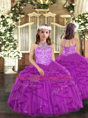 Fancy Purple Halter Top Lace Up Beading and Ruffles Evening Gowns Sleeveless