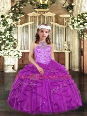 Fancy Purple Halter Top Lace Up Beading and Ruffles Evening Gowns Sleeveless