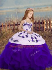 Purple Sleeveless Embroidery and Ruffles Floor Length Kids Pageant Dress