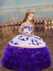 Sleeveless Lace Up Floor Length Embroidery and Ruffled Layers Little Girls Pageant Gowns