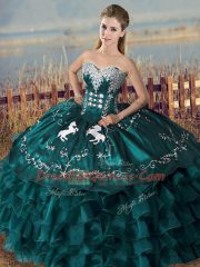 Peacock Green Sweetheart Neckline Embroidery and Ruffles 15th Birthday Dress Sleeveless Lace Up