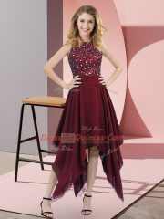 Burgundy High-neck Neckline Beading and Sequins Juniors Party Dress Sleeveless Zipper