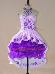 Satin and Organza Halter Top Long Sleeves Lace Up Embroidery and Ruffles Homecoming Dress in Purple