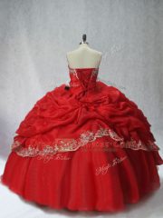 Red Organza Lace Up Sweetheart Sleeveless Floor Length Quince Ball Gowns Appliques and Pick Ups