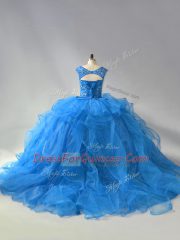 Ball Gowns Sleeveless Blue 15 Quinceanera Dress Brush Train Lace Up