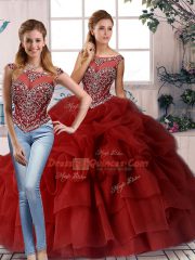 Elegant Wine Red Scoop Neckline Beading and Pick Ups Quinceanera Gowns Sleeveless Zipper