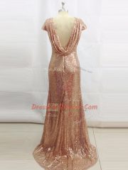Traditional Champagne Column/Sheath Sequins Prom Gown Backless Sequined Short Sleeves