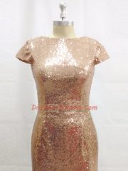 Traditional Champagne Column/Sheath Sequins Prom Gown Backless Sequined Short Sleeves