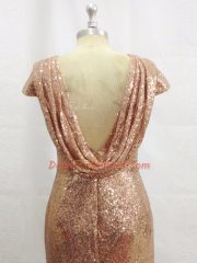 Traditional Champagne Column/Sheath Sequins Prom Gown Backless Sequined Short Sleeves