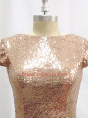Traditional Champagne Column/Sheath Sequins Prom Gown Backless Sequined Short Sleeves