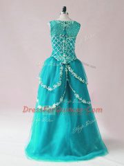 Hot Sale Scoop Sleeveless Tulle Prom Gown Beading and Appliques Zipper