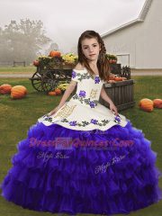 Purple Lace Up Straps Embroidery and Ruffled Layers Pageant Gowns For Girls Organza Sleeveless