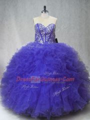 Sleeveless Tulle Floor Length Lace Up 15th Birthday Dress in Purple with Beading and Ruffles