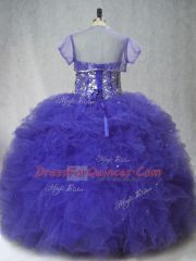 Sleeveless Tulle Floor Length Lace Up 15th Birthday Dress in Purple with Beading and Ruffles