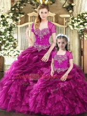 Dramatic Organza Sweetheart Sleeveless Lace Up Beading and Ruffles and Pick Ups Quinceanera Gowns in Fuchsia