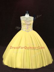 Lovely Gold Sleeveless Tulle Lace Up Quinceanera Gowns for Sweet 16 and Quinceanera