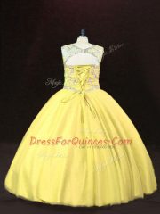 Lovely Gold Sleeveless Tulle Lace Up Quinceanera Gowns for Sweet 16 and Quinceanera