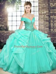 Floor Length Apple Green Quinceanera Dresses Off The Shoulder Sleeveless Lace Up