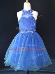 Dazzling Blue Halter Top Neckline Beading and Lace Pageant Dress for Teens Sleeveless Lace Up