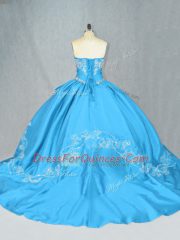 Dynamic Baby Blue Sweetheart Lace Up Embroidery 15 Quinceanera Dress Court Train Sleeveless