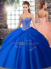 Chic Sweetheart Sleeveless Brush Train Lace Up Quince Ball Gowns Royal Blue Tulle