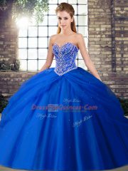 Chic Sweetheart Sleeveless Brush Train Lace Up Quince Ball Gowns Royal Blue Tulle