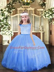 Blue Ball Gowns Scoop Sleeveless Tulle Floor Length Zipper Lace Little Girls Pageant Dress Wholesale
