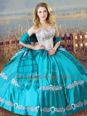 Ideal Aqua Blue Ball Gowns Beading and Embroidery Quinceanera Gown Lace Up Satin Sleeveless Floor Length