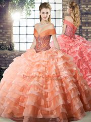 Sleeveless Beading and Ruffled Layers Lace Up Quinceanera Dress with Peach Brush Train