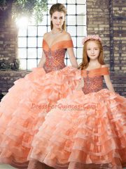 Sleeveless Beading and Ruffled Layers Lace Up Quinceanera Dress with Peach Brush Train