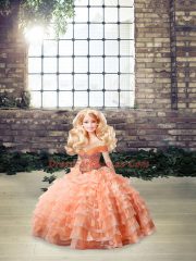 Sleeveless Beading and Ruffled Layers Lace Up Quinceanera Dress with Peach Brush Train