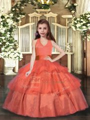 Wonderful Floor Length Orange Red Little Girls Pageant Dress Organza Sleeveless Ruffled Layers