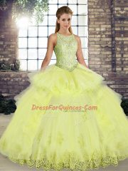 Sleeveless Tulle Floor Length Lace Up Quince Ball Gowns in Yellow with Lace and Embroidery and Ruffles