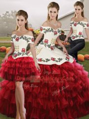 Extravagant Floor Length Wine Red Sweet 16 Dress Organza Sleeveless Embroidery and Ruffled Layers
