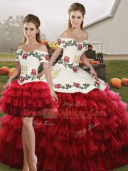 Extravagant Floor Length Wine Red Sweet 16 Dress Organza Sleeveless Embroidery and Ruffled Layers