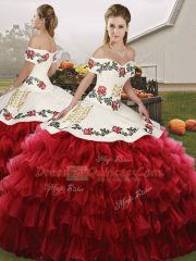 Extravagant Floor Length Wine Red Sweet 16 Dress Organza Sleeveless Embroidery and Ruffled Layers