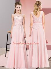 Latest Baby Pink Sleeveless Floor Length Beading and Appliques Zipper Dama Dress