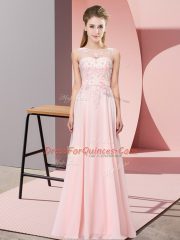 Latest Baby Pink Sleeveless Floor Length Beading and Appliques Zipper Dama Dress
