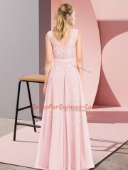 Latest Baby Pink Sleeveless Floor Length Beading and Appliques Zipper Dama Dress