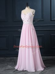 Baby Pink Chiffon Backless Prom Party Dress Cap Sleeves Floor Length Beading and Lace
