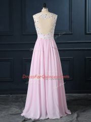 Baby Pink Chiffon Backless Prom Party Dress Cap Sleeves Floor Length Beading and Lace