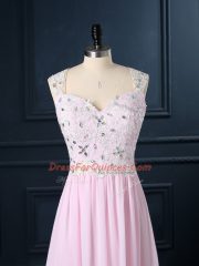 Baby Pink Chiffon Backless Prom Party Dress Cap Sleeves Floor Length Beading and Lace