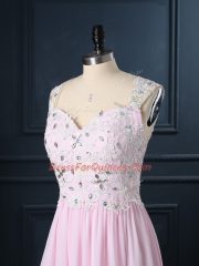 Baby Pink Chiffon Backless Prom Party Dress Cap Sleeves Floor Length Beading and Lace