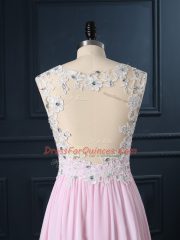 Baby Pink Chiffon Backless Prom Party Dress Cap Sleeves Floor Length Beading and Lace